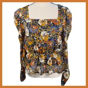 Sadie Sage Floral Blouse Long Sleeve‎ Square Neck Cinched Waist Small